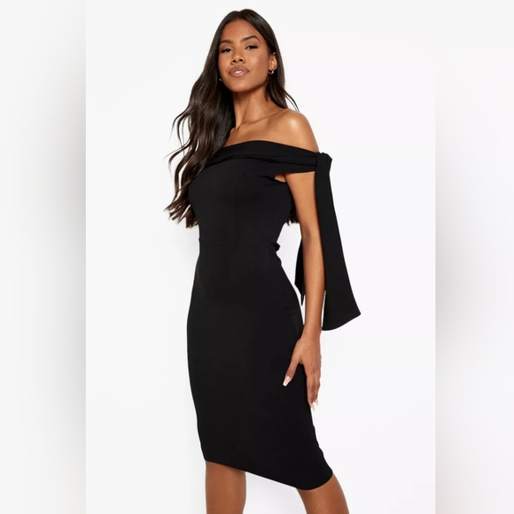 Boohoo Dresses & Skirts - Boohoo Bardot tie detail midi dress, black, little black dress, nwt, size 4